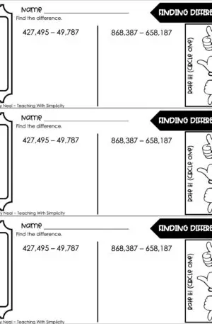 4th Grade Addition and Subtraction – Finding Differences Exit Ticket 1