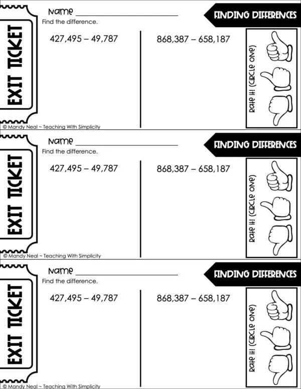 4th Grade Addition and Subtraction – Finding Differences Exit Ticket 1