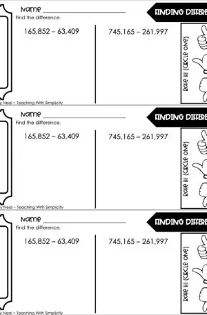 4th Grade Addition and Subtraction – Finding Differences Exit Ticket 2