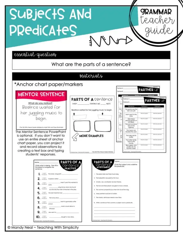 4th and 5th Grade Subjects and Predicates Teacher Guide