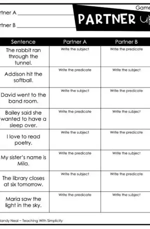 4th and 5th Grade Subjects and Predicates Partner Game 1