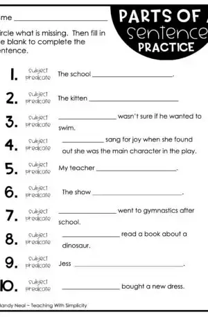 4th and 5th Grade Subjects and Predicates Practice