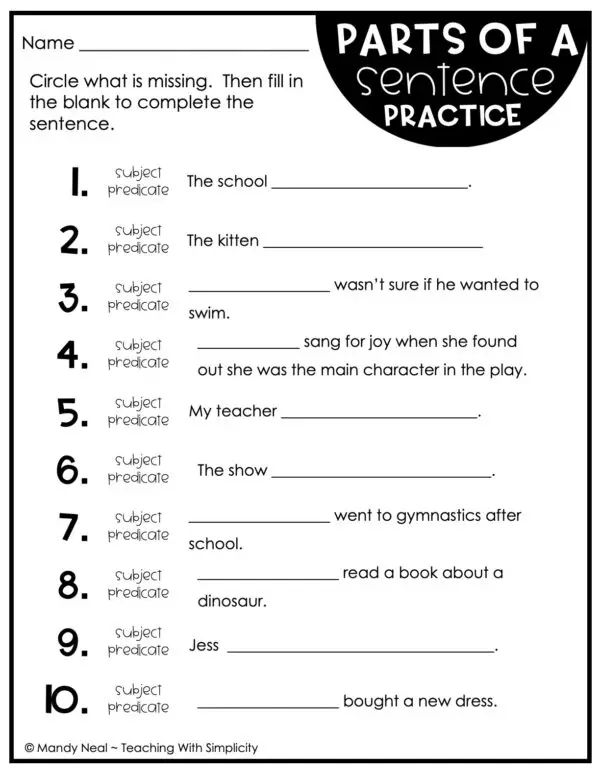 4th and 5th Grade Subjects and Predicates Practice