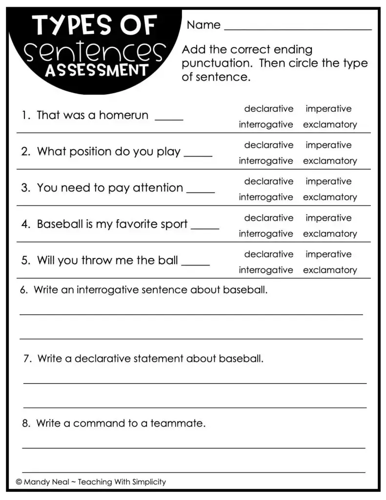 4th and 5th Grade Types of Sentences Assessment