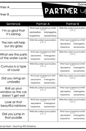 4th and 5th Grade Types of Sentences Partner Game 2