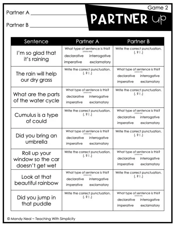 4th and 5th Grade Types of Sentences Partner Game 2