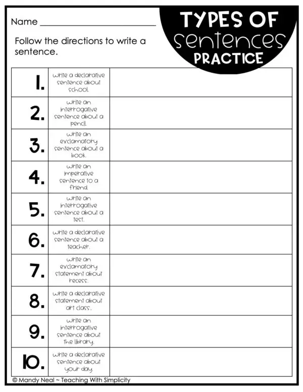 4th and 5th Grade Types of Sentences Practice