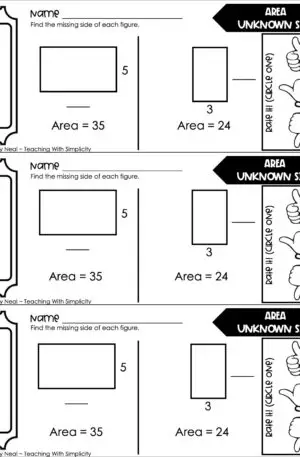 3rd Grade Area and Perimeter – Area with Unknown Side Exit Ticket 1