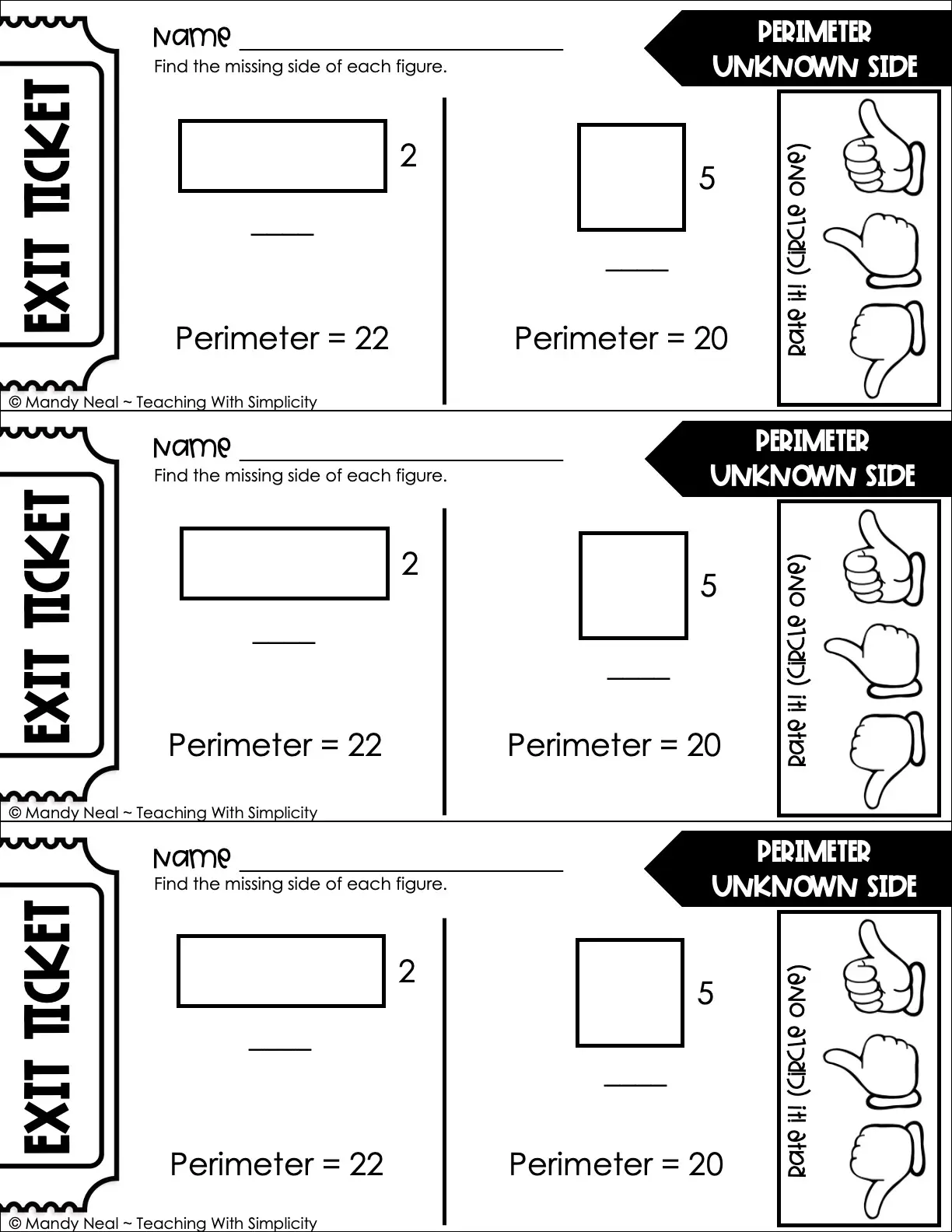 3rd Grade Area and Perimeter – Perimeter with Unknown Side Exit Ticket 2