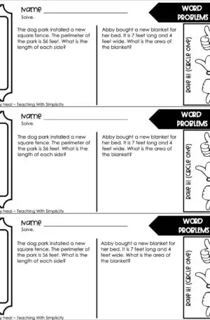 3rd Grade Area and Perimeter – Word Problems Exit Ticket 1