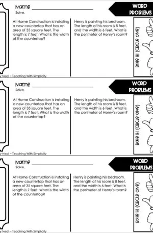 3rd Grade Area and Perimeter – Word Problems Exit Ticket 2