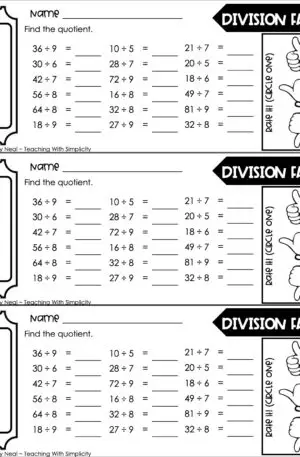 3rd Grade Division – Division Facts Exit Ticket 1