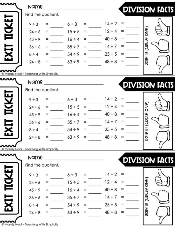 3rd Grade Division – Division Facts Exit Ticket 2