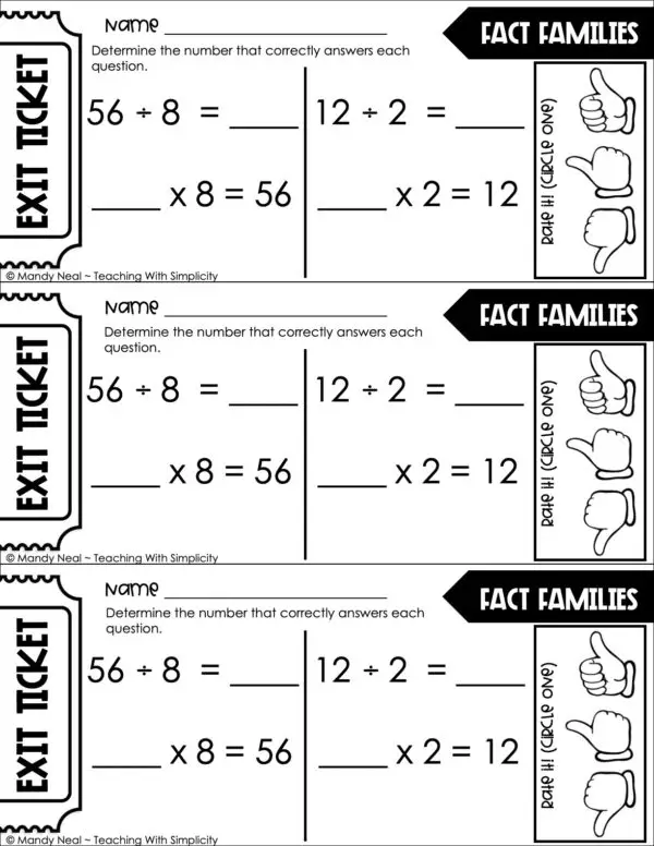 3rd Grade Division – Fact Families Exit Ticket 1