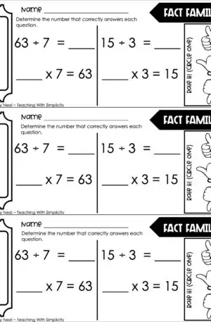 3rd Grade Division – Fact Families Exit Ticket 2