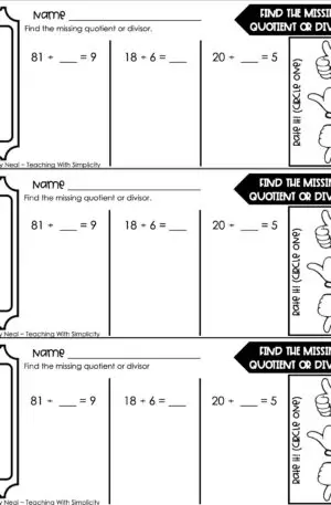 3rd Grade Division – Find the Missing Quotient or Divisor Exit Ticket 1