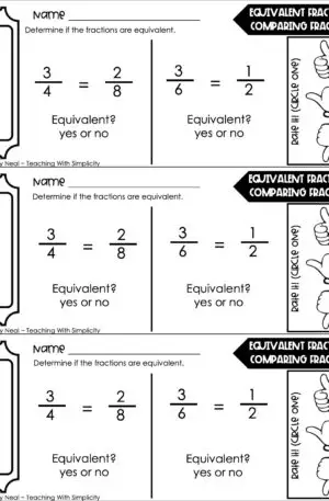 3rd Grade Fractions – Equivalent Fractions: Comparing Fractions Exit Ticket 2