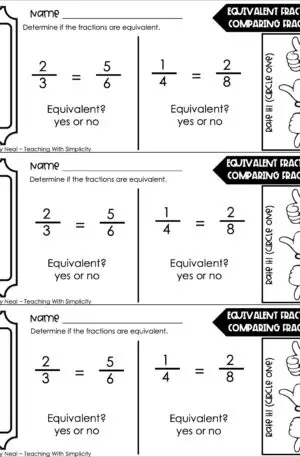 3rd Grade Fractions – Equivalent Fractions: Comparing Fractions Line Exit Ticket 1