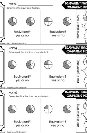 3rd Grade Fractions – Equivalent Fractions: Comparing Pictures Line Exit Ticket 1