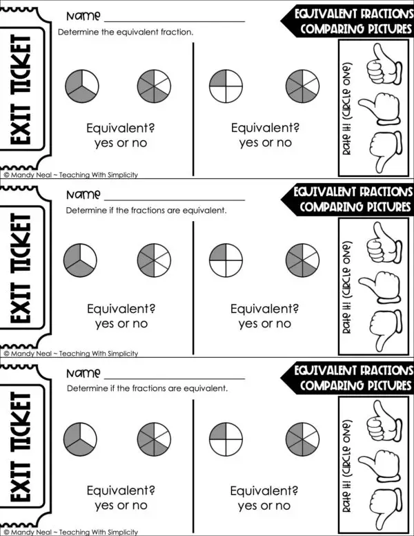 3rd Grade Fractions – Equivalent Fractions: Comparing Pictures Line Exit Ticket 1