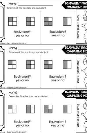 3rd Grade Fractions – Equivalent Fractions: Comparing Pictures Line Exit Ticket 2