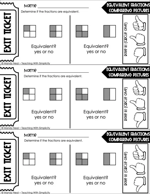 3rd Grade Fractions – Equivalent Fractions: Comparing Pictures Line Exit Ticket 2