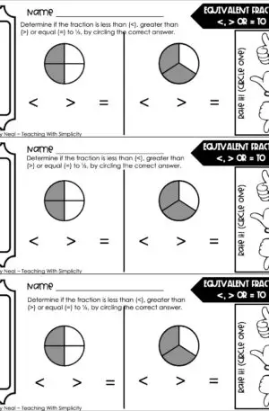 3rd Grade Fractions – Equivalent Fractions: Greater Than, Lesser Than, or Equal to Half Exit Ticket 1