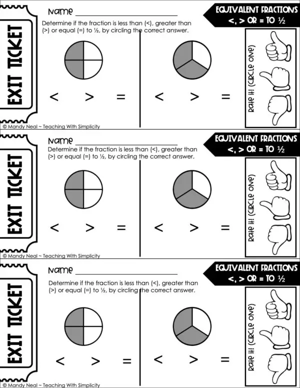 3rd Grade Fractions – Equivalent Fractions: Greater Than, Lesser Than, or Equal to Half Exit Ticket 1