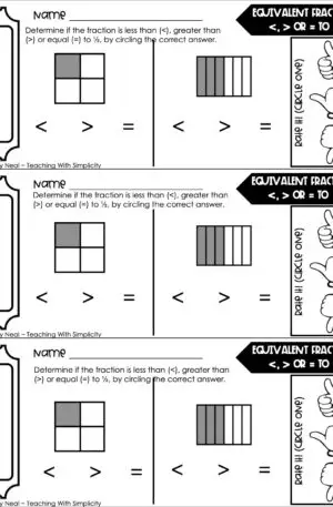 3rd Grade Fractions – Equivalent Fractions: Greater Than, Lesser Than, or Equal to Half Exit Ticket 2