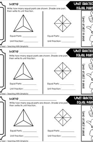 3rd Grade Fractions – Unit Fractions: Equal Parts Exit Ticket 1