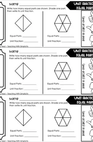 3rd Grade Fractions – Unit Fractions: Equal Parts Exit Ticket 2