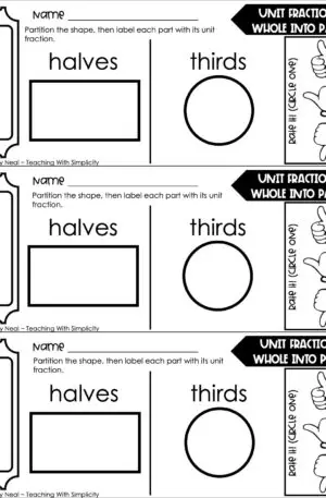 3rd Grade Fractions – Unit Fractions: Whole Into Parts Exit Ticket 1