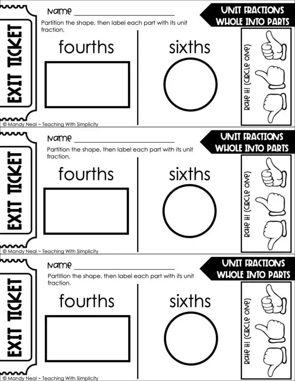 3rd Grade Fractions – Unit Fractions: Whole Into Parts Exit Ticket 2