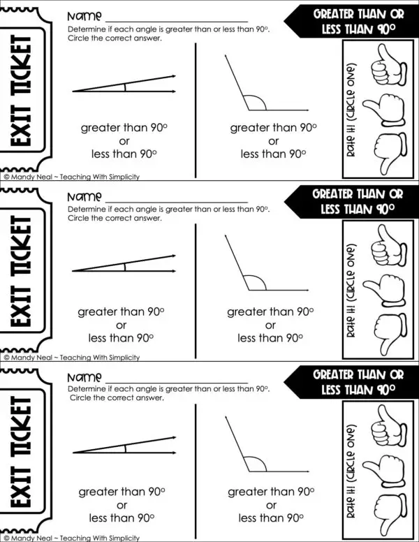 3rd Grade Geometry – Greater Than or Less Than 90 Degrees Exit Ticket 2