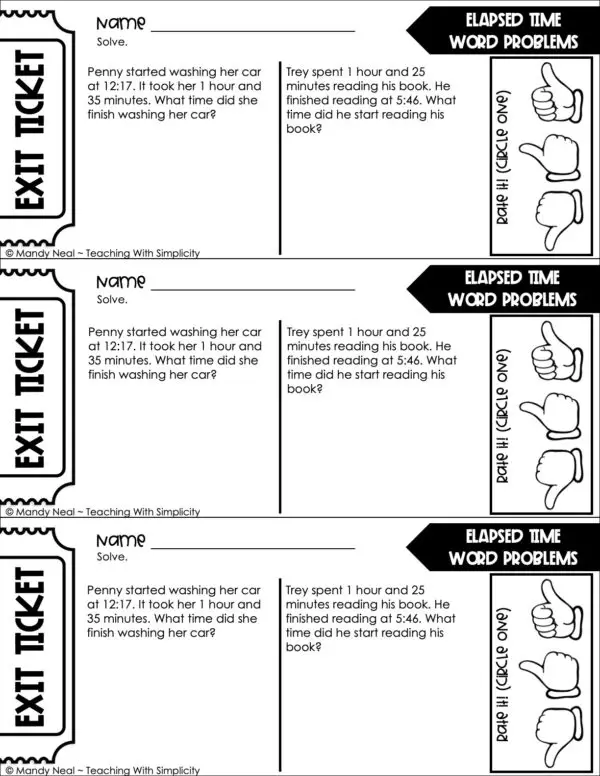 3rd Grade Measurement – Elapsed Time Word Problems Exit Ticket 2