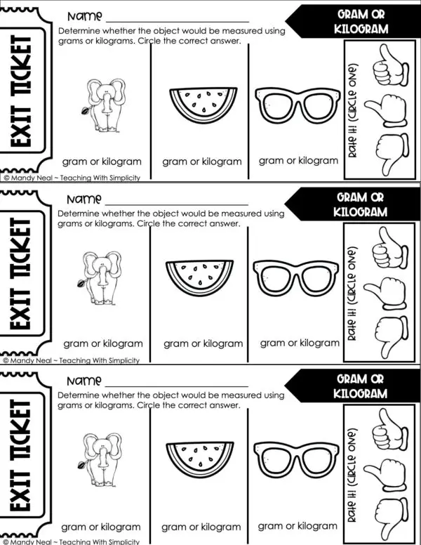 3rd Grade Measurement – Gram or Kilogram Exit Ticket 1