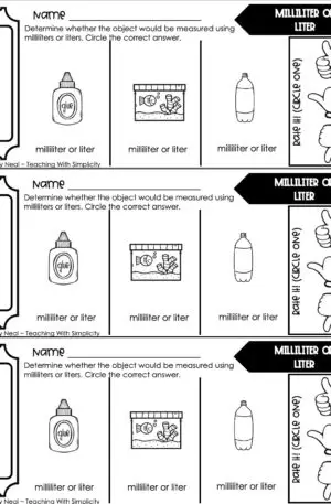 3rd Grade Measurement – Milliliter or Liter Exit Ticket 1