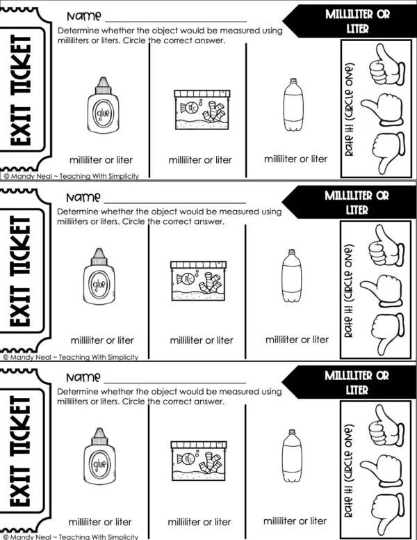 3rd Grade Measurement – Milliliter or Liter Exit Ticket 1