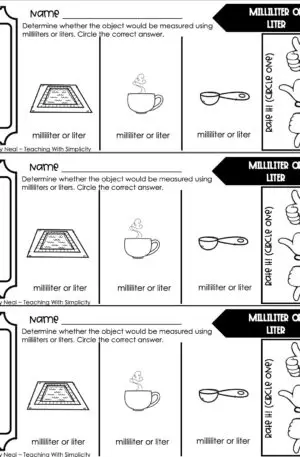 3rd Grade Measurement – Milliliter or Liter Exit Ticket 2