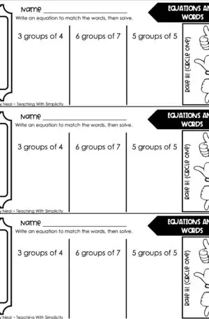 3rd Grade Multiplication – Equations and Words Exit Ticket 1