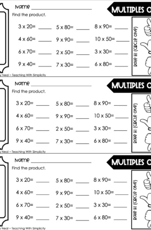 3rd Grade Multiplication – Multiples of 10 Exit Ticket 1