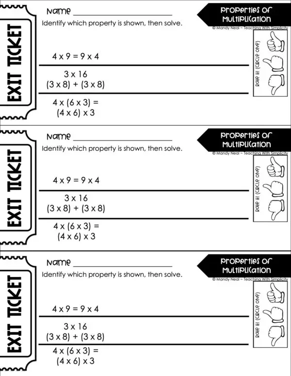 3rd Grade Multiplication – Properties of Multiplication Exit Ticket 2