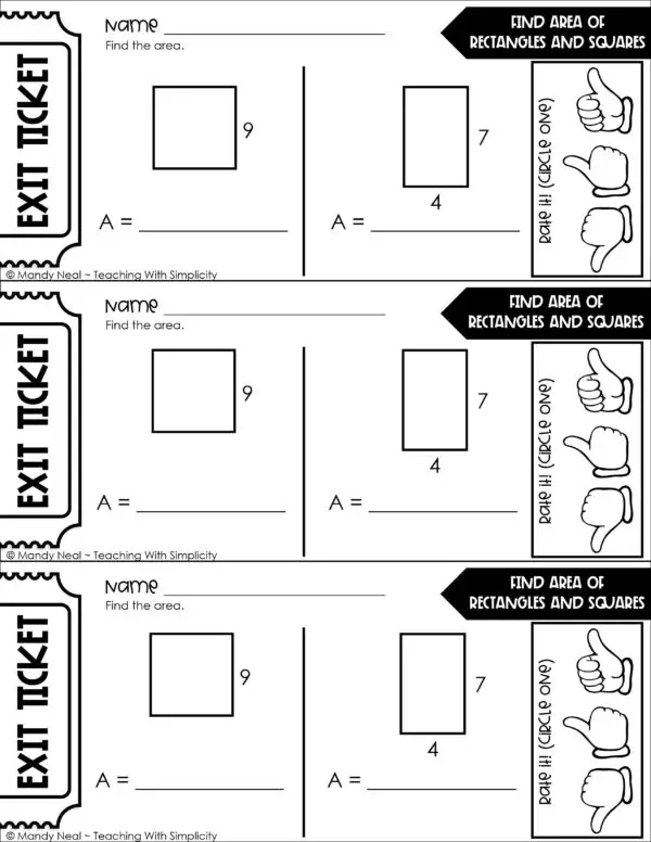 4th Grade Area and Perimeter – Find Area of Rectangles and Squares Exit Ticket 2