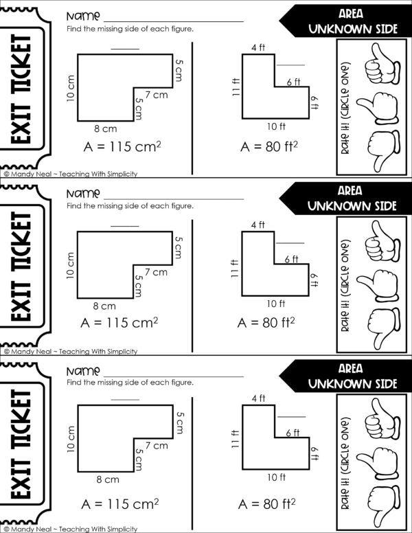 4th Grade Area and Perimeter – Find Area with an Unknown Side Exit Ticket 1