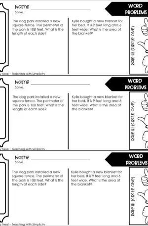 4th Grade Area and Perimeter – Word Problems Exit Ticket 1