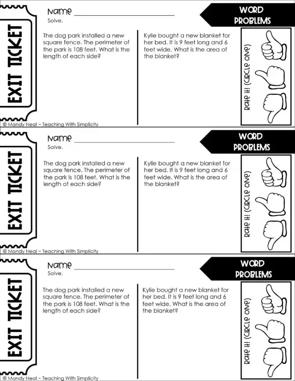 4th Grade Area and Perimeter – Word Problems Exit Ticket 1