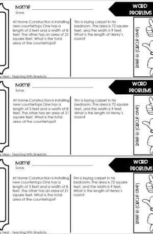 4th Grade Area and Perimeter – Word Problems Exit Ticket 2