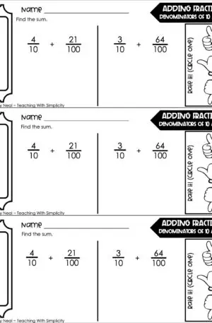 4th Grade Decimals – Adding Fractions: Denominators of 10 and 20 Exit Ticket 1