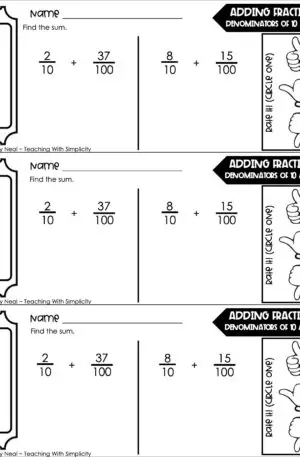 4th Grade Decimals – Adding Fractions: Denominators of 10 and 20 Exit Ticket 2