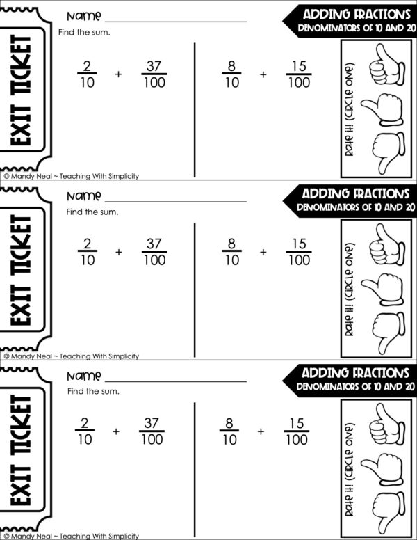 4th Grade Decimals – Adding Fractions: Denominators of 10 and 20 Exit Ticket 2